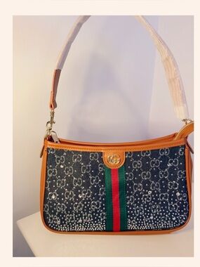 Denim Fashion Handbag w/ Embellished Rhinestones